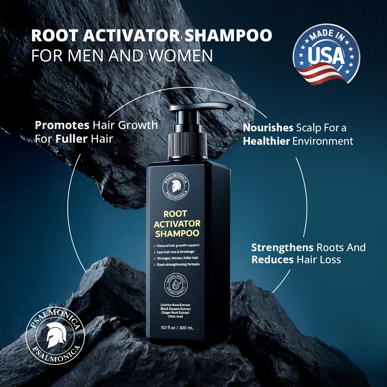 Psalmonica Root Activator with black sesame visual emphasizing nourishing strands.