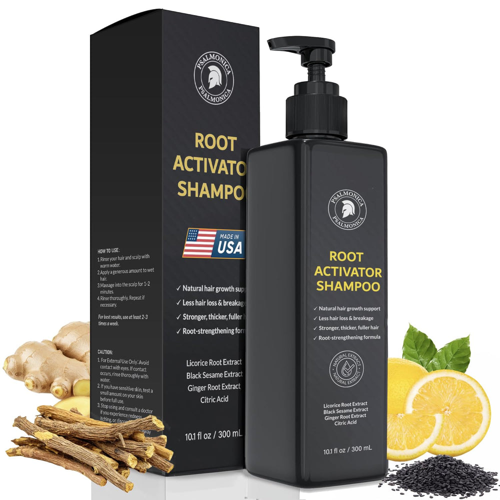 Psalmonica Root Activator Shampoo bottle features herbal formula for daily scalp nourishment.