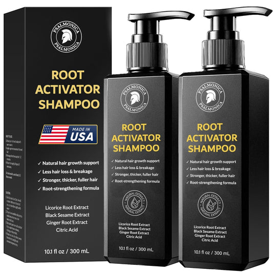 Psalmonica Root Activator Shampoo bottle showing herbal formula for healthy scalp support.