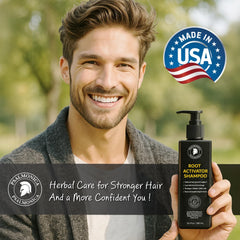Psalmonica Root Activator Shampoo Made in USA label highlights quality and purity.