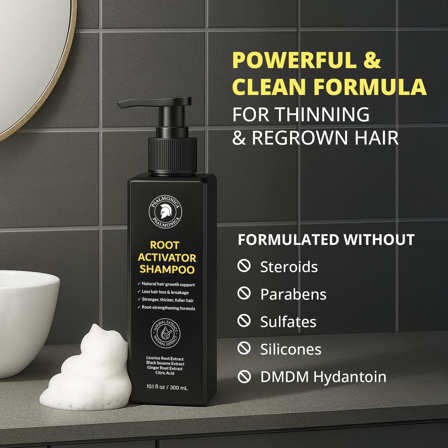 Psalmonica Root Activator Shampoo applied to hair for replenished look