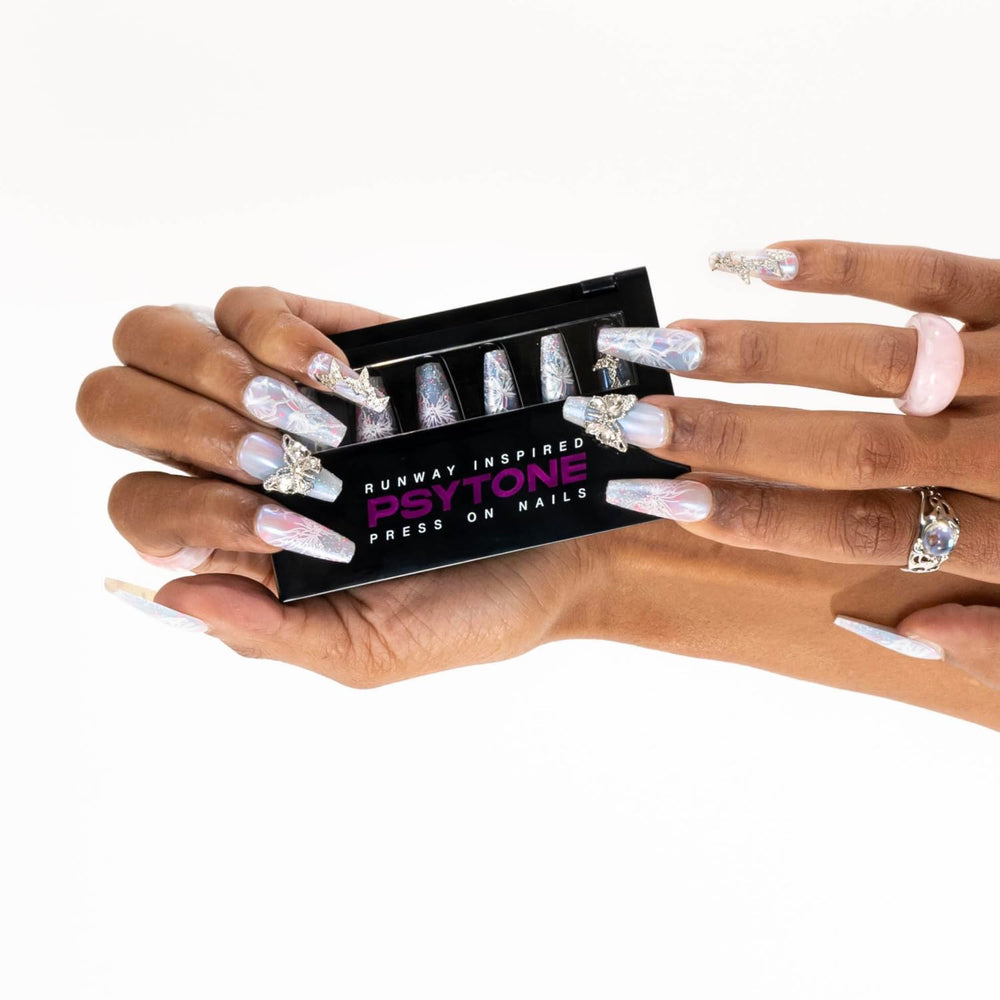 PSYTONE square press-on nails with colorful flower heart design for instant chic look.