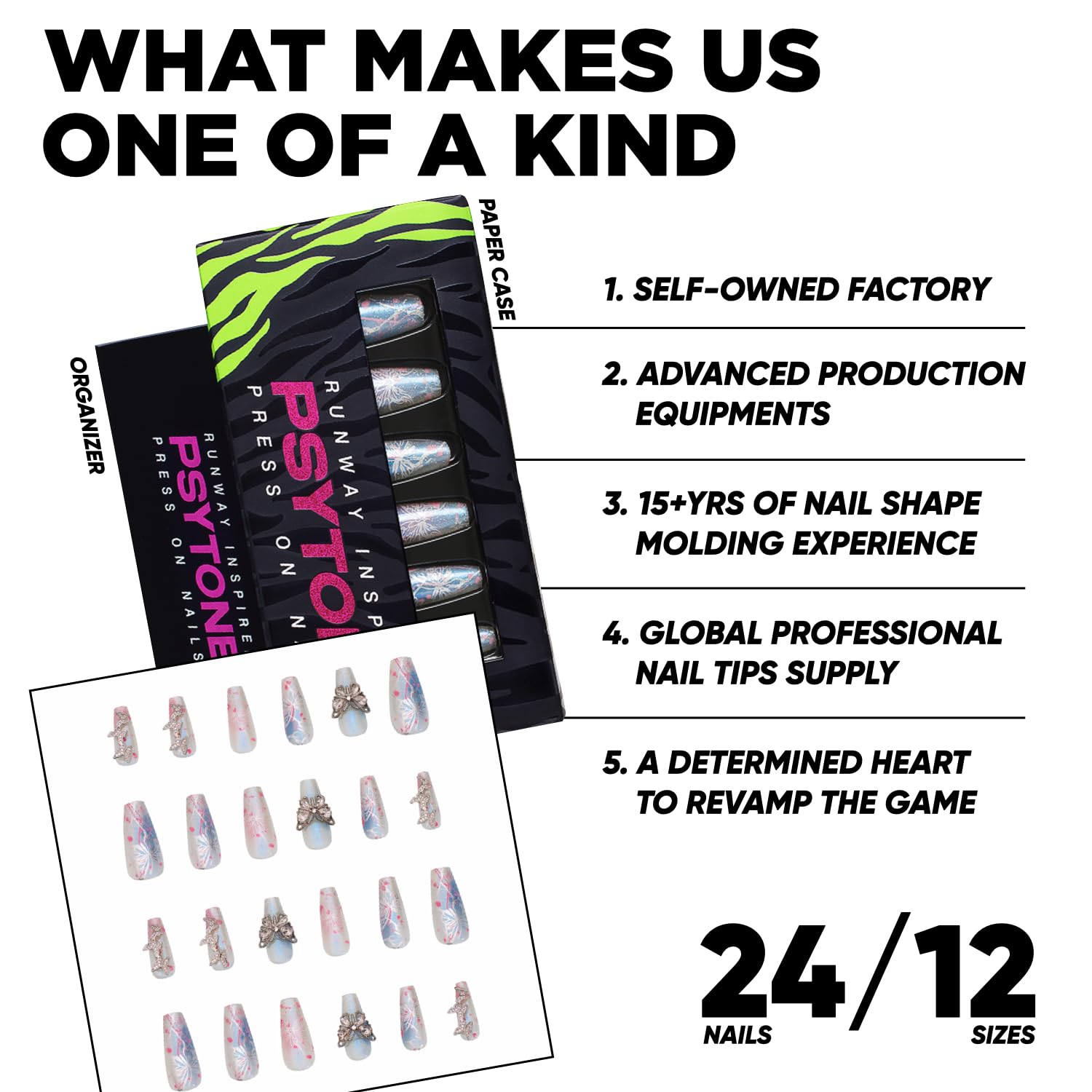 PSYTONE kit includes glue and tools for easy at-home manicures.
