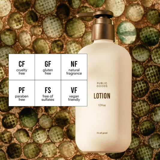 Public Goods Body Lotion label closeup highlighting natural essential oils