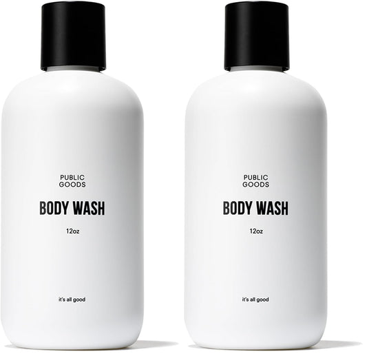 Public Goods Body Wash bottle closeup showing gentle cleansing with essential oils.