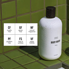 Public Goods Body Wash foam demonstrates rich, mild lather for everyday skin care.