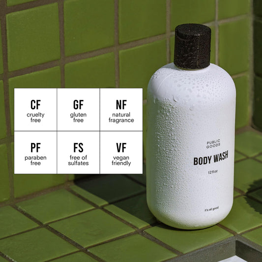 Public Goods gentle-lather closeup demonstrates mild formula suitable for daily use.