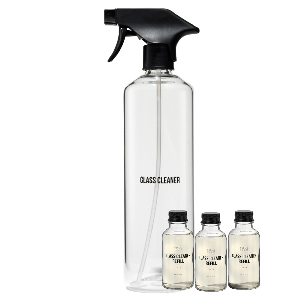Public Goods glass cleaner refill bottle showing concentrated formula for easy dilution