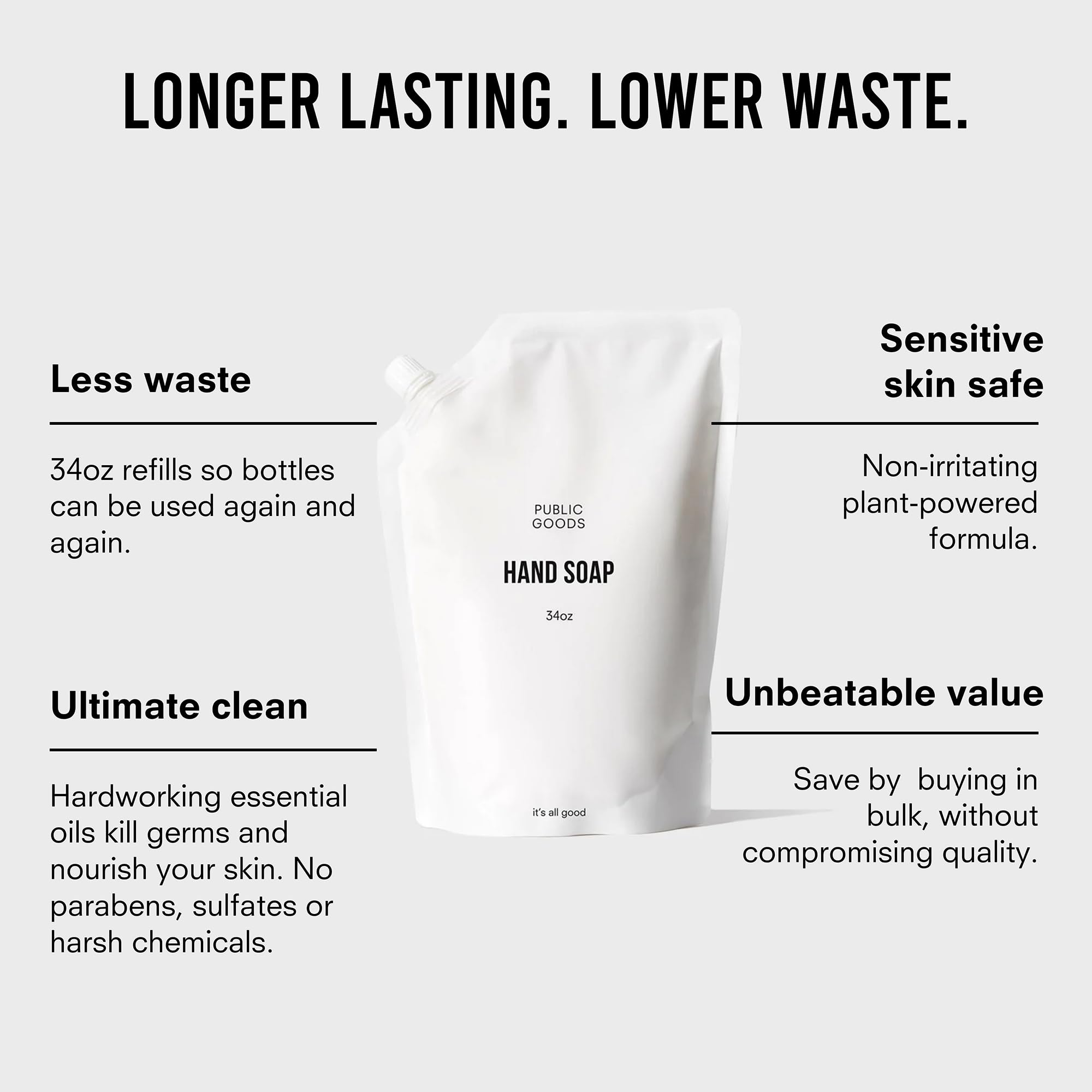 Public Goods hand soap refill bottle demonstrates waste reduction through easy refills.