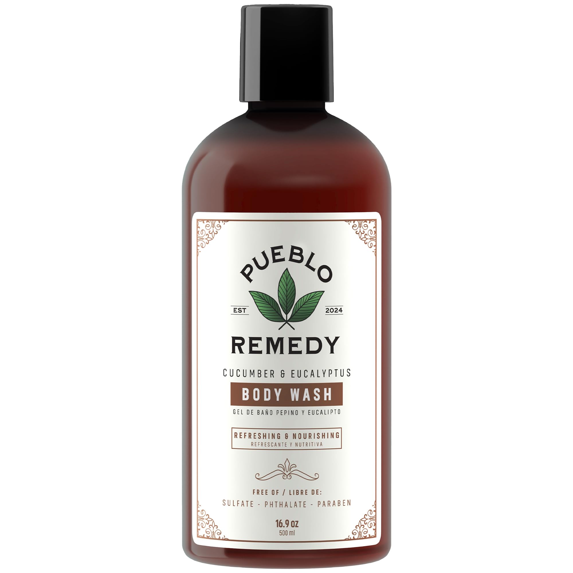 Pueblo Remedy body wash bottle front showing vegan formula for gentle daily cleansing.