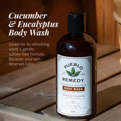 Pueblo Remedy body wash cucumber eucalyptus scent lathering foam.