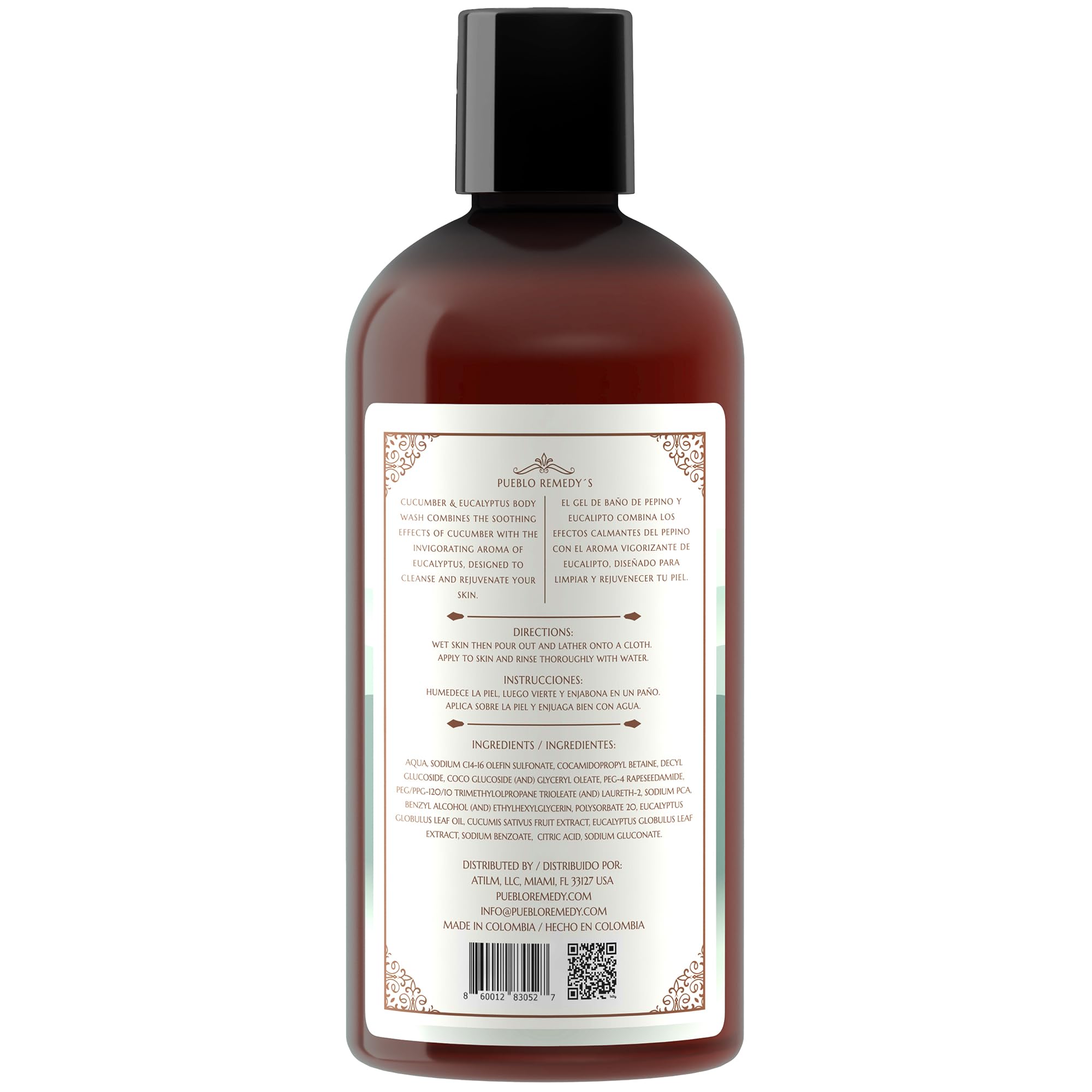 Pueblo Remedy body wash label closeup highlighting cucumber and eucalyptus scent.