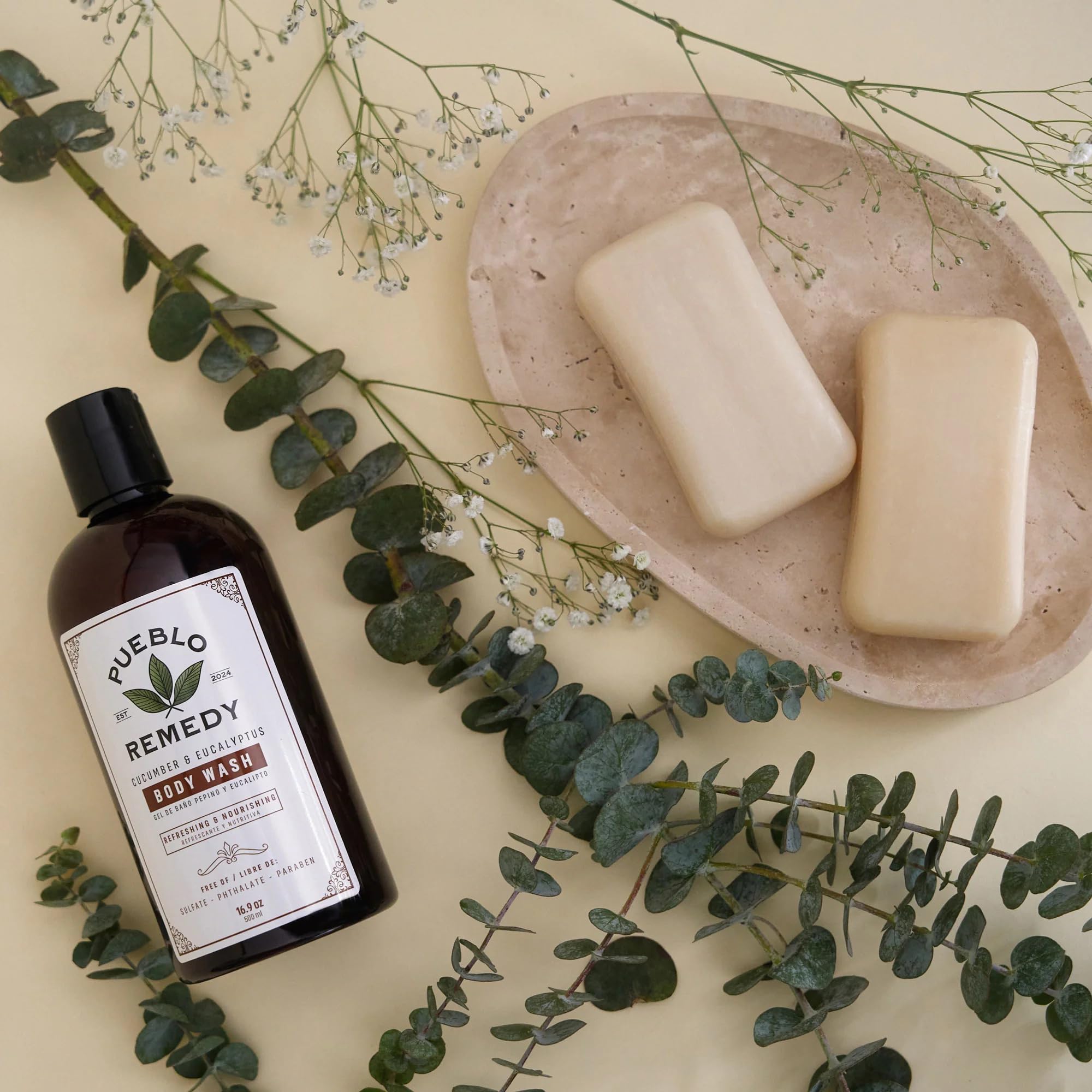 Pueblo Remedy body wash vegan cruelty-free packaging on display.