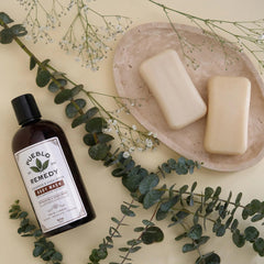 Pueblo Remedy body wash vegan cruelty-free packaging on display.
