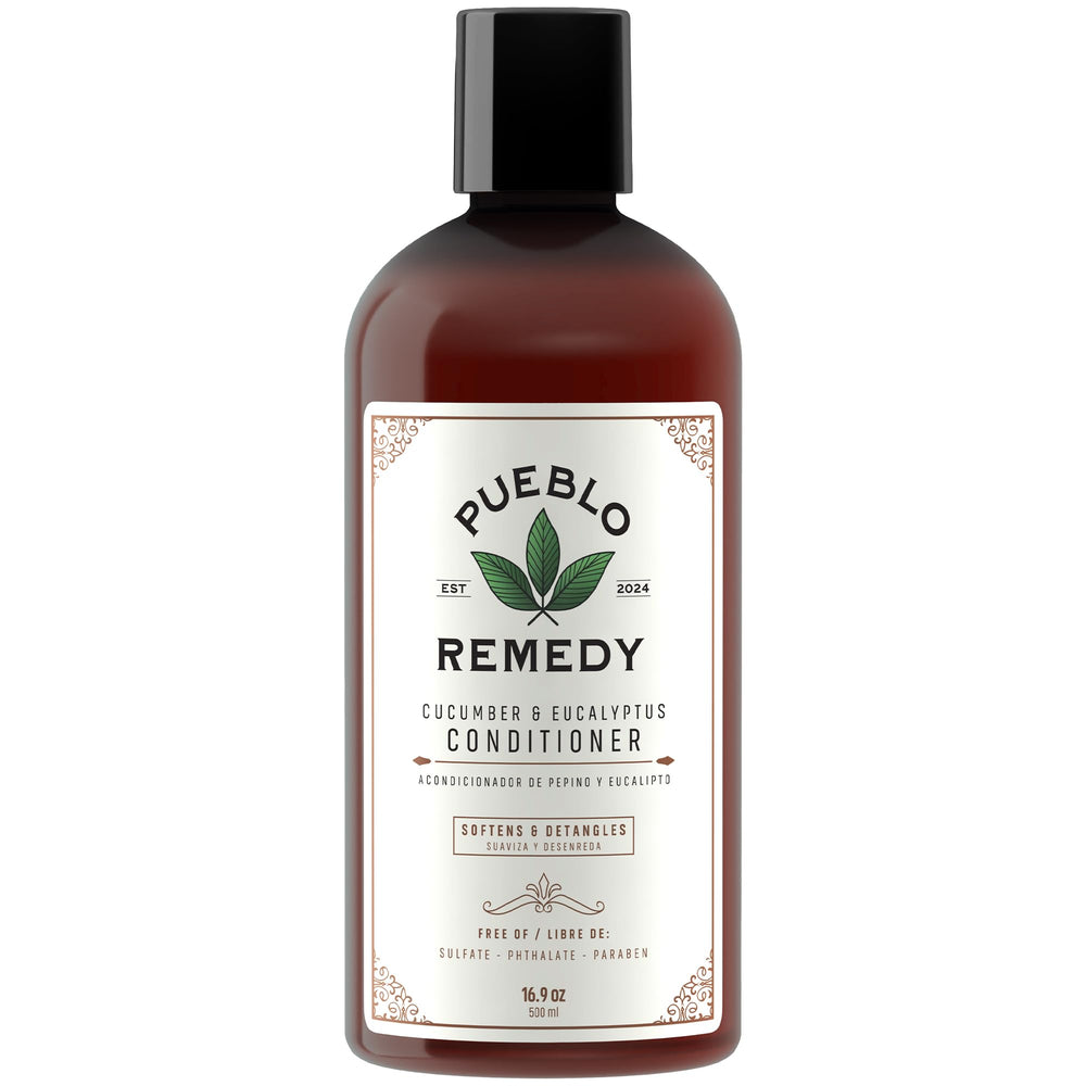 Pueblo Remedy conditioner bottle with cucumber and eucalyptus scent for detangling.