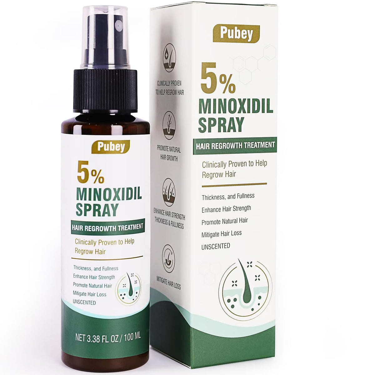 Pugbey 5-percent minoxidil bottle highlights potent formula for potential hair regrowth.