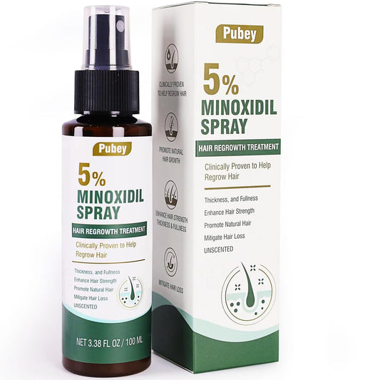 Pugbey 5-percent minoxidil bottle highlights potent formula for potential hair regrowth.