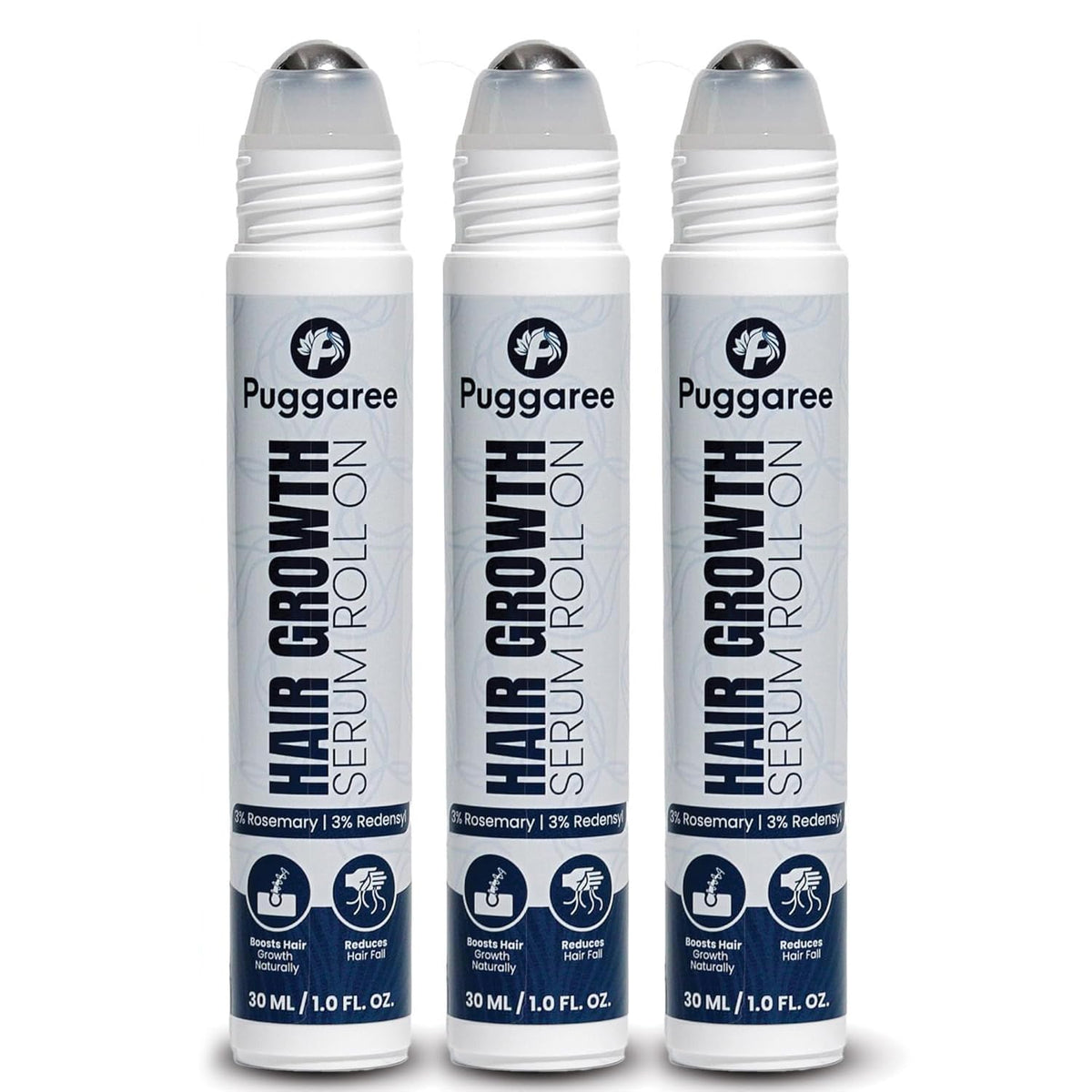 Puggaree rosemary hair growth serum roll-on 3-pack bottle close-up for convenient daily use.