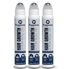 Puggaree rosemary hair growth serum roll-on 3-pack bottle close-up for convenient daily use.