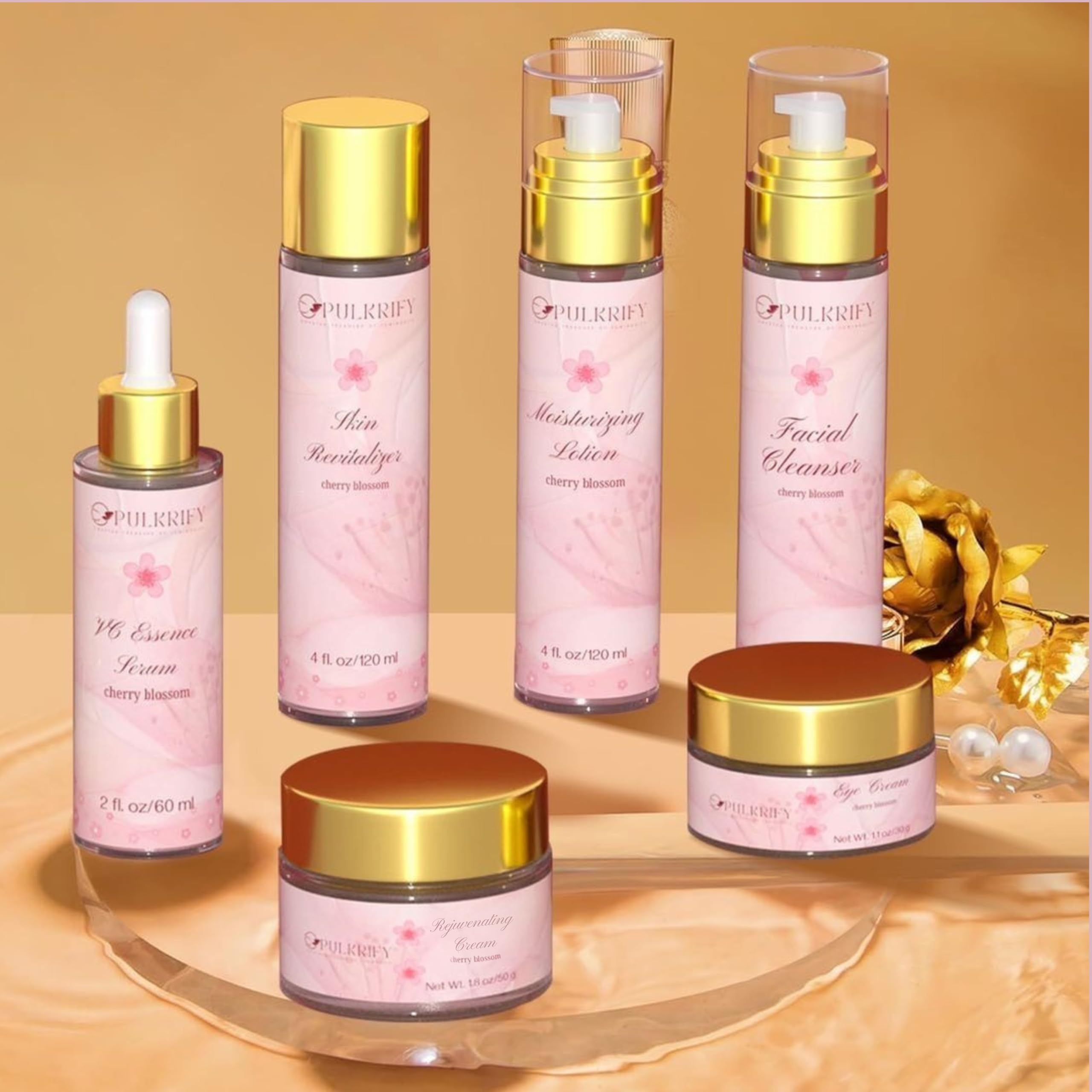 Pulkrify Cherry Blossom bottles showcase premium pink-and-gold packaging