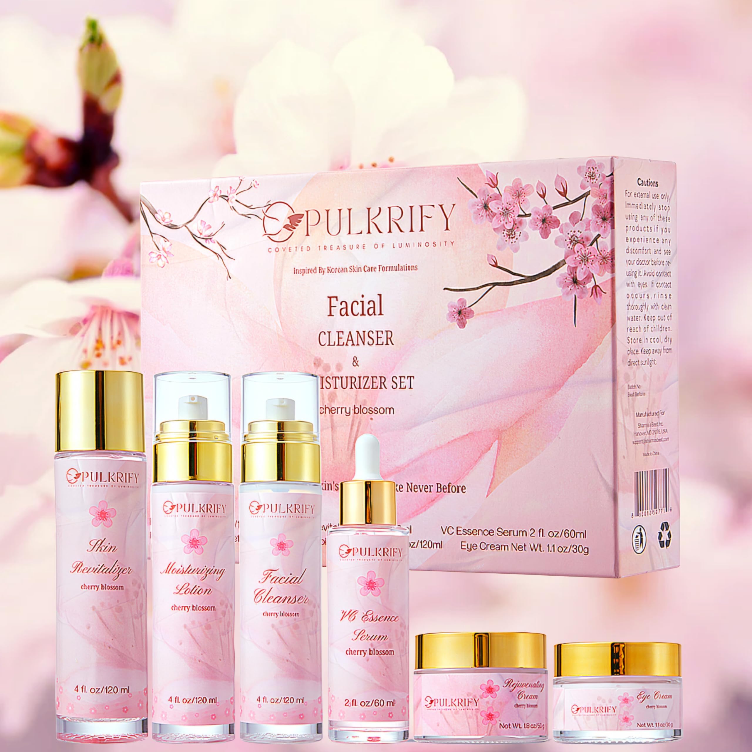 Pulkrify Cherry Blossom skincare set arranged for daily routine display