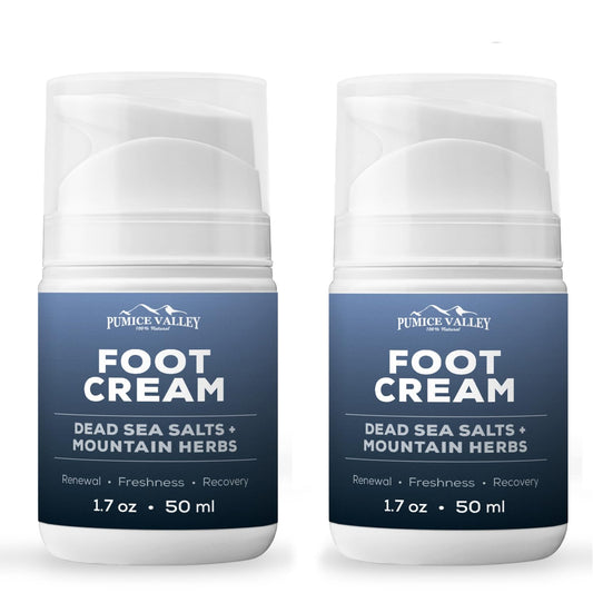 Pumice Valley Foot Cream 2-Pack packaging demonstrates convenient relief for dry feet.