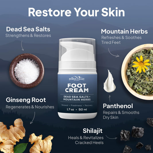 Pumice Valley foot cream texture close-up shows rich hydration for cracked heels.