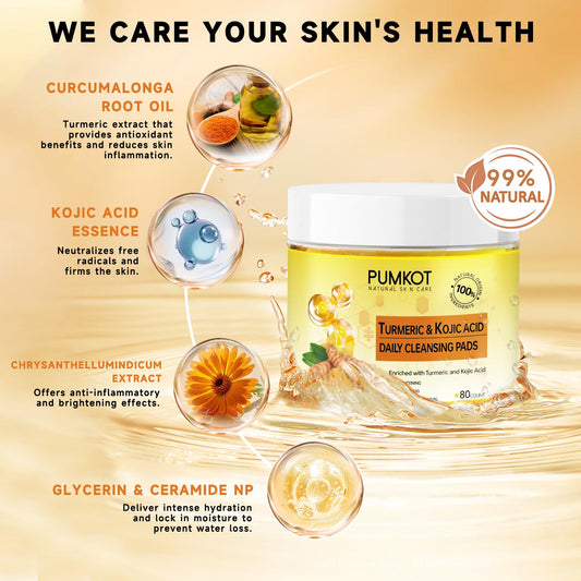 Pumkot turmeric kojic pads in use for gentle spiral cleansing.