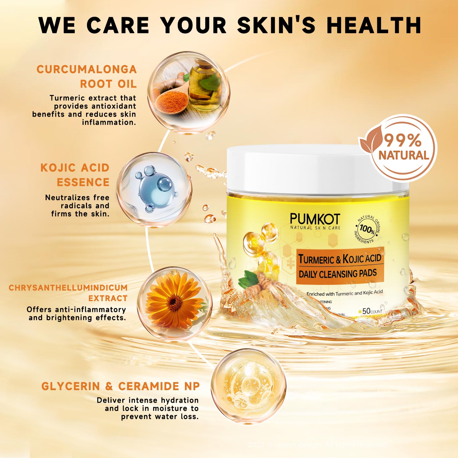 Pumkot Turmeric Kojic Acid Cleansing Pads box closeup shows convenient travel-ready 50-pack.