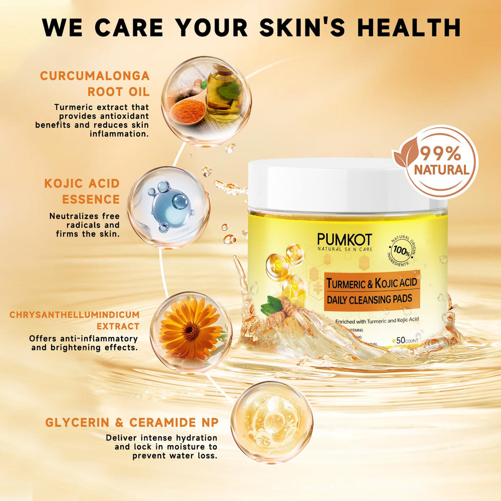 Pumkot Turmeric Kojic Acid Cleansing Pads box closeup shows convenient travel-ready 50-pack.