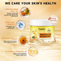 Pumkot Turmeric Kojic Acid Cleansing Pads box closeup shows convenient travel-ready 50-pack.