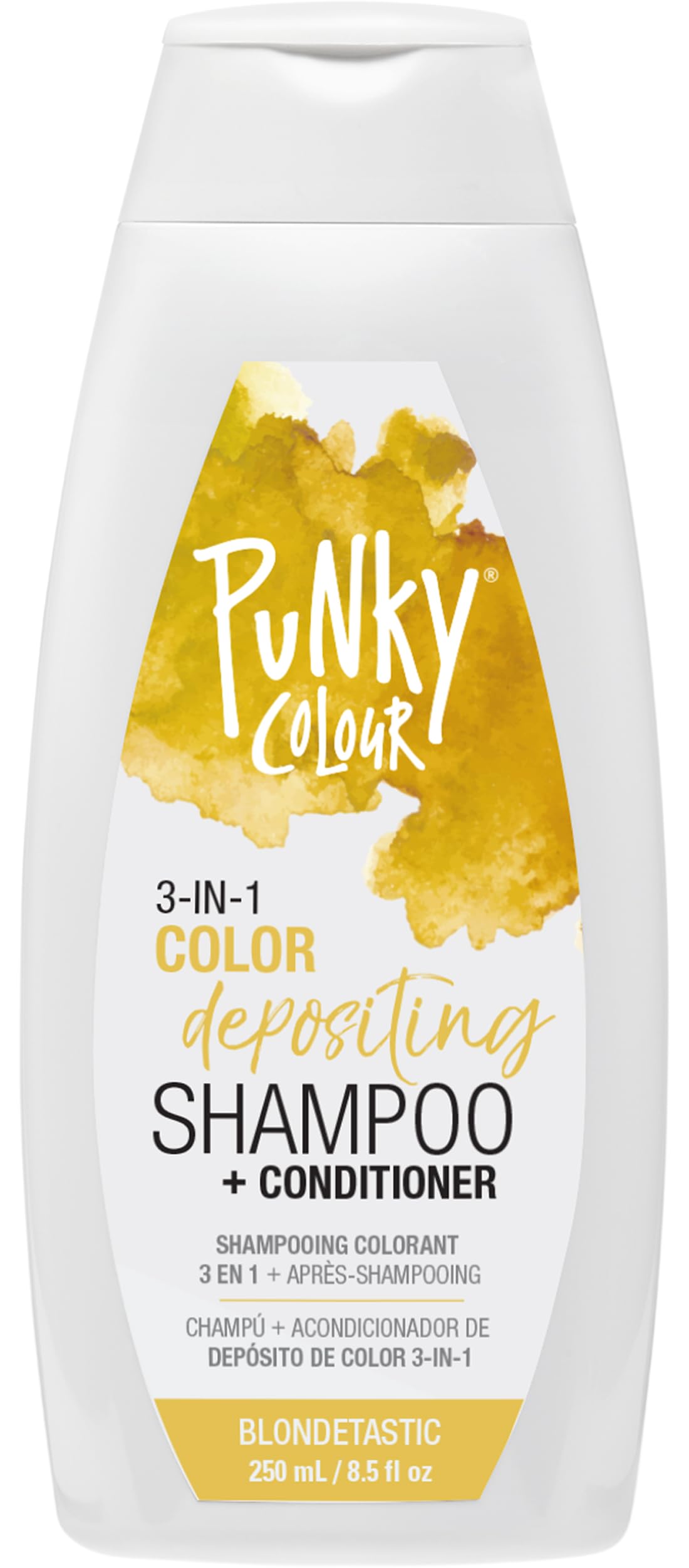 Punky Blondetastic bottle pour shows controlled cleansing and color deposit benefits.
