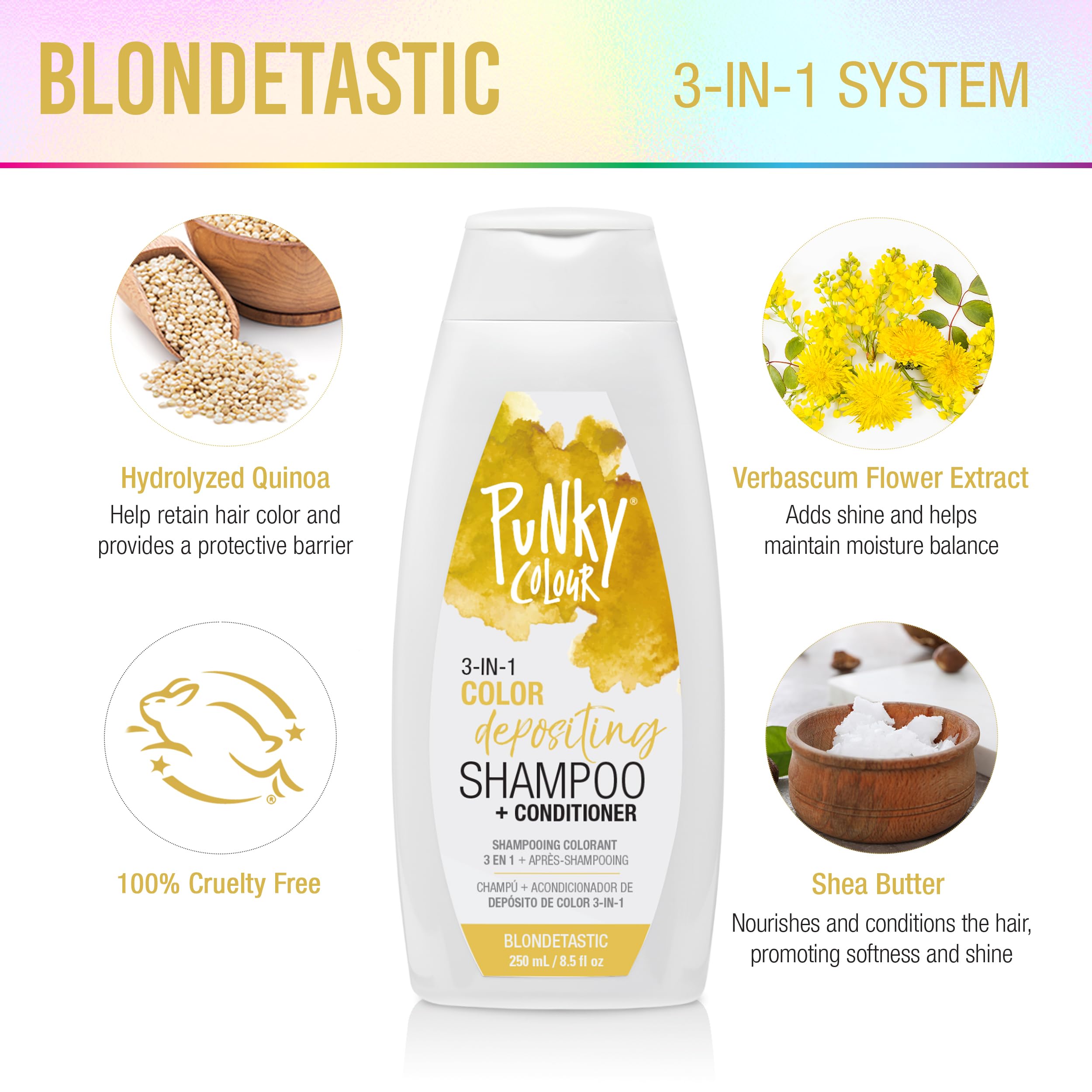 Punky Blondetastic color-depositing swirl highlights vibrant color payoff and conditioning.
