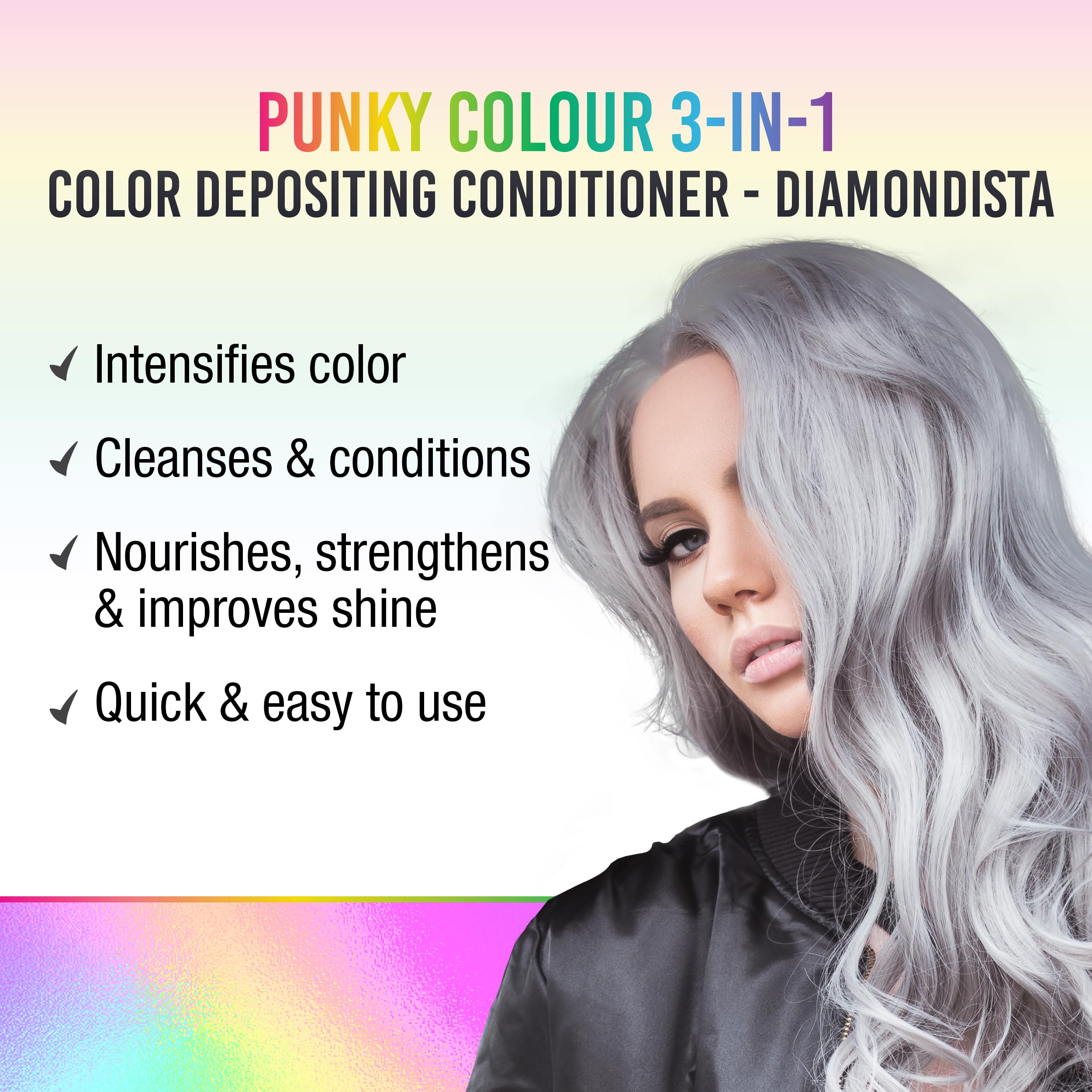 Punky Colour 3-in-1 Diamondista bottle closeup highlights nourishing formula for stronger hair.