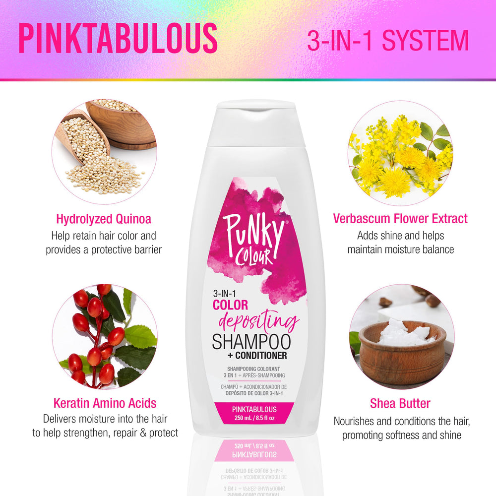 Punky Colour 3-in-1 Pinktabulous bottle pour illustrating easy cleansing application.