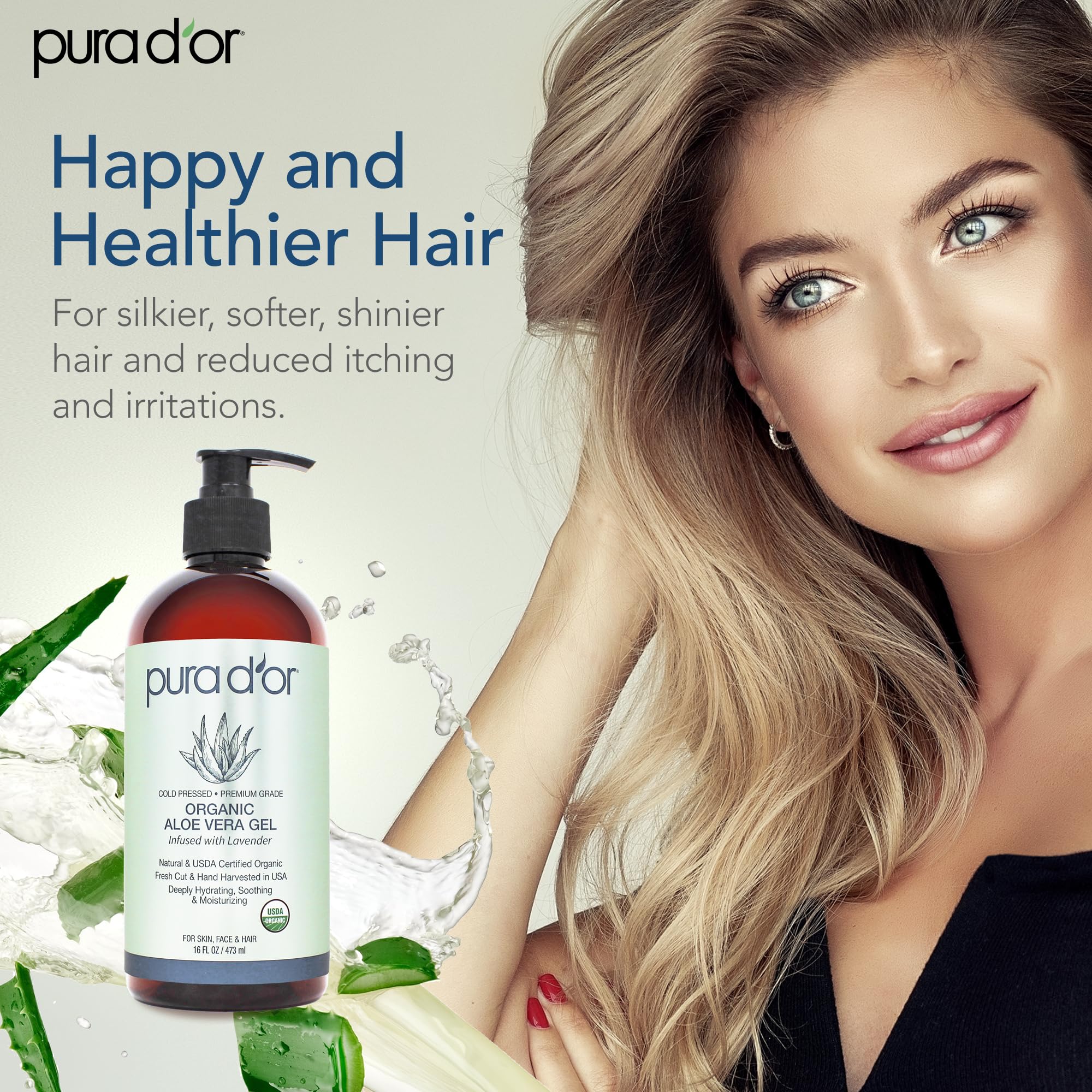 PURA D'OR Aloe Vera Gel nourishes hair and scalp with moisture and natural shine.