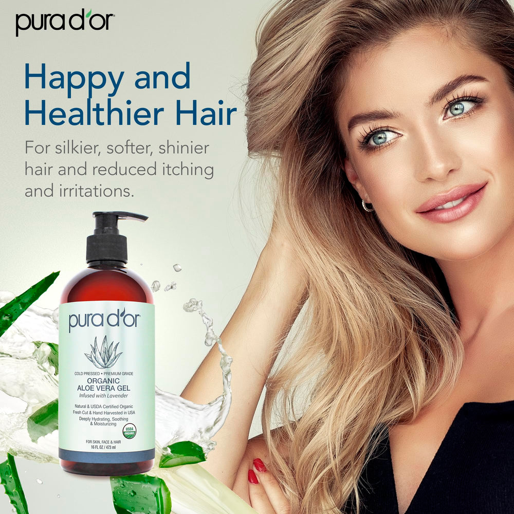 PURA D'OR Aloe Vera Gel nourishes hair and scalp with moisture and natural shine.