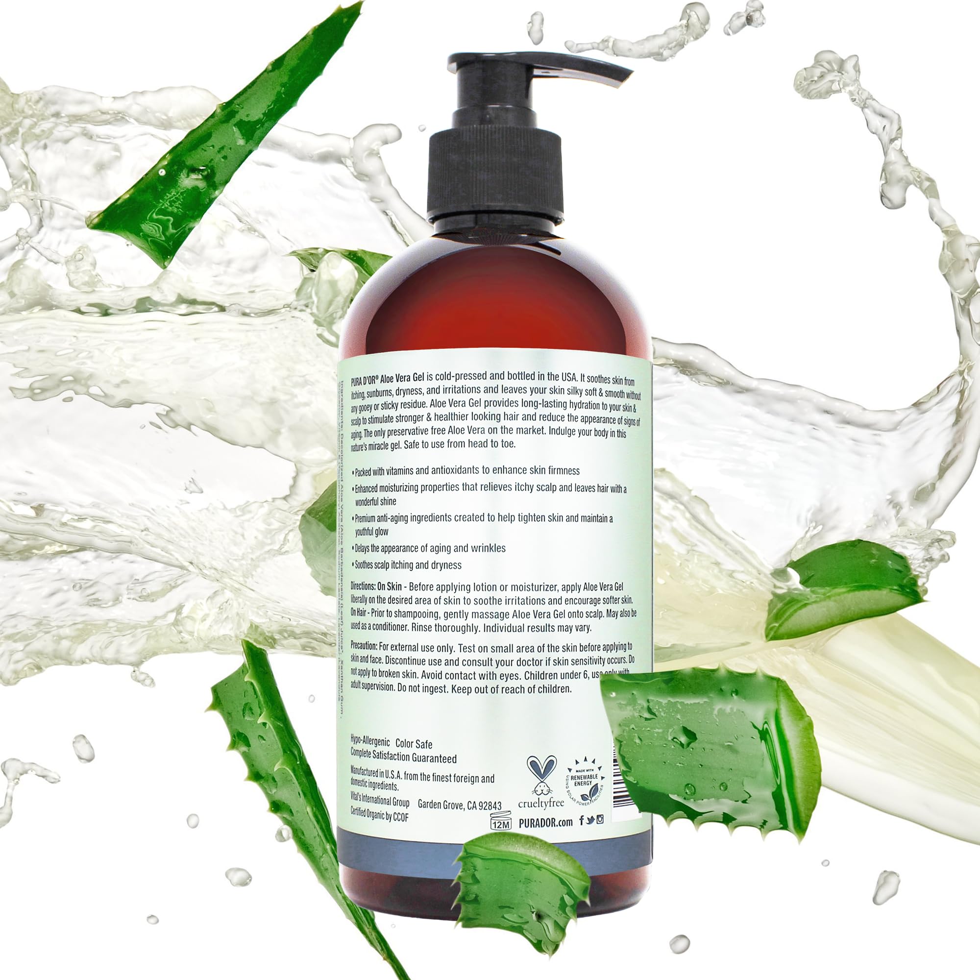 PURA D'OR Aloe Vera Gel packaging box emphasizes USDA Organic, preservative-free claim.