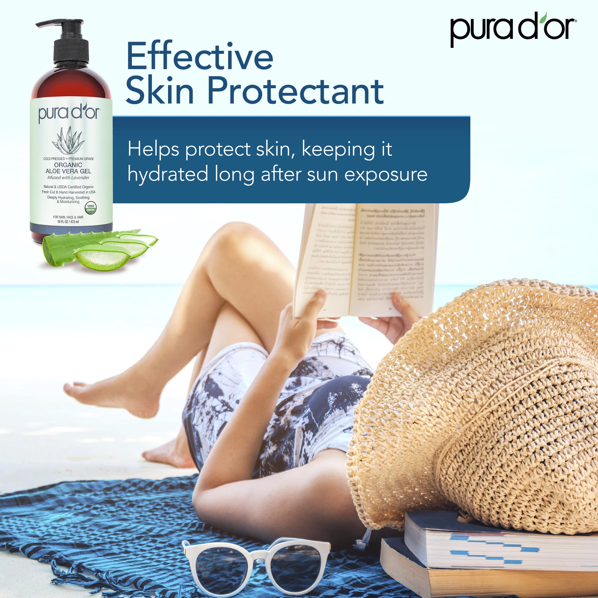 PURA D'OR Aloe Vera Gel applied to skin demonstrates quick absorption.