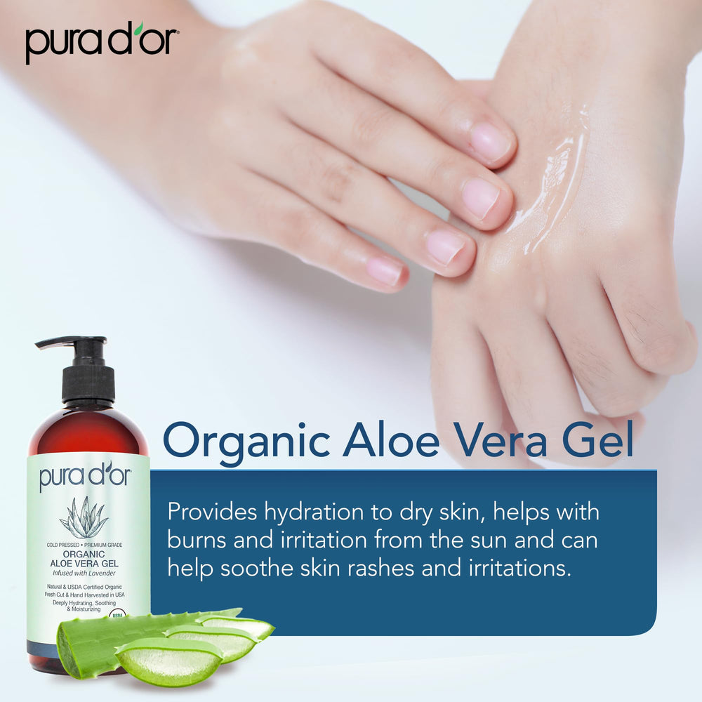 PURA D'OR Aloe Vera Gel used on sun-exposed skin for gentle cooling.