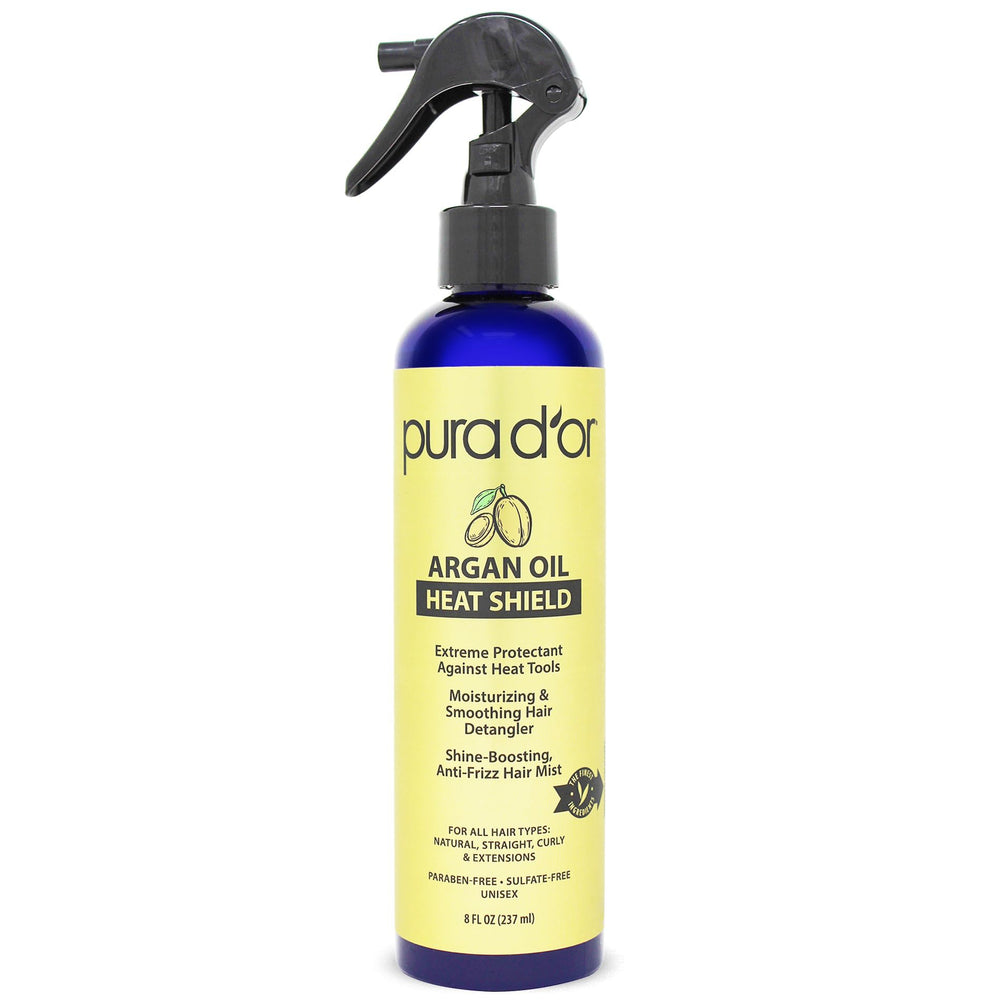 PURA D'OR Argan Oil Heat Shield bottle pour showing moisture boost