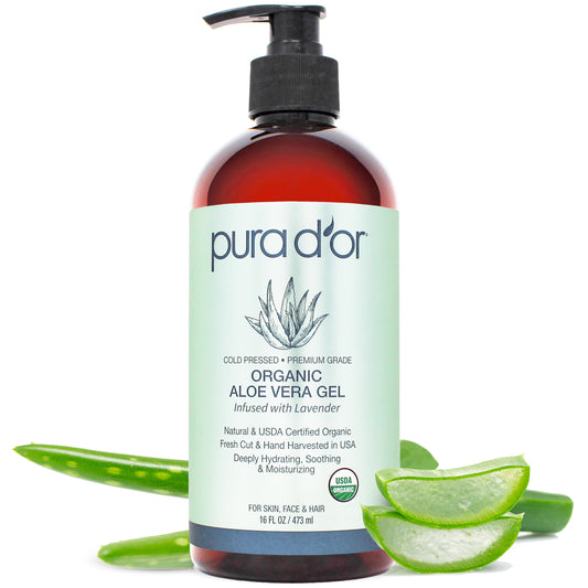 PURA D'OR Aloe Vera Gel Lavender bottle provides deep skin hydration.