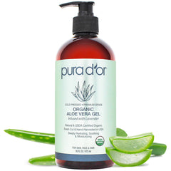 PURA D'OR Aloe Vera Gel Lavender bottle provides deep skin hydration.