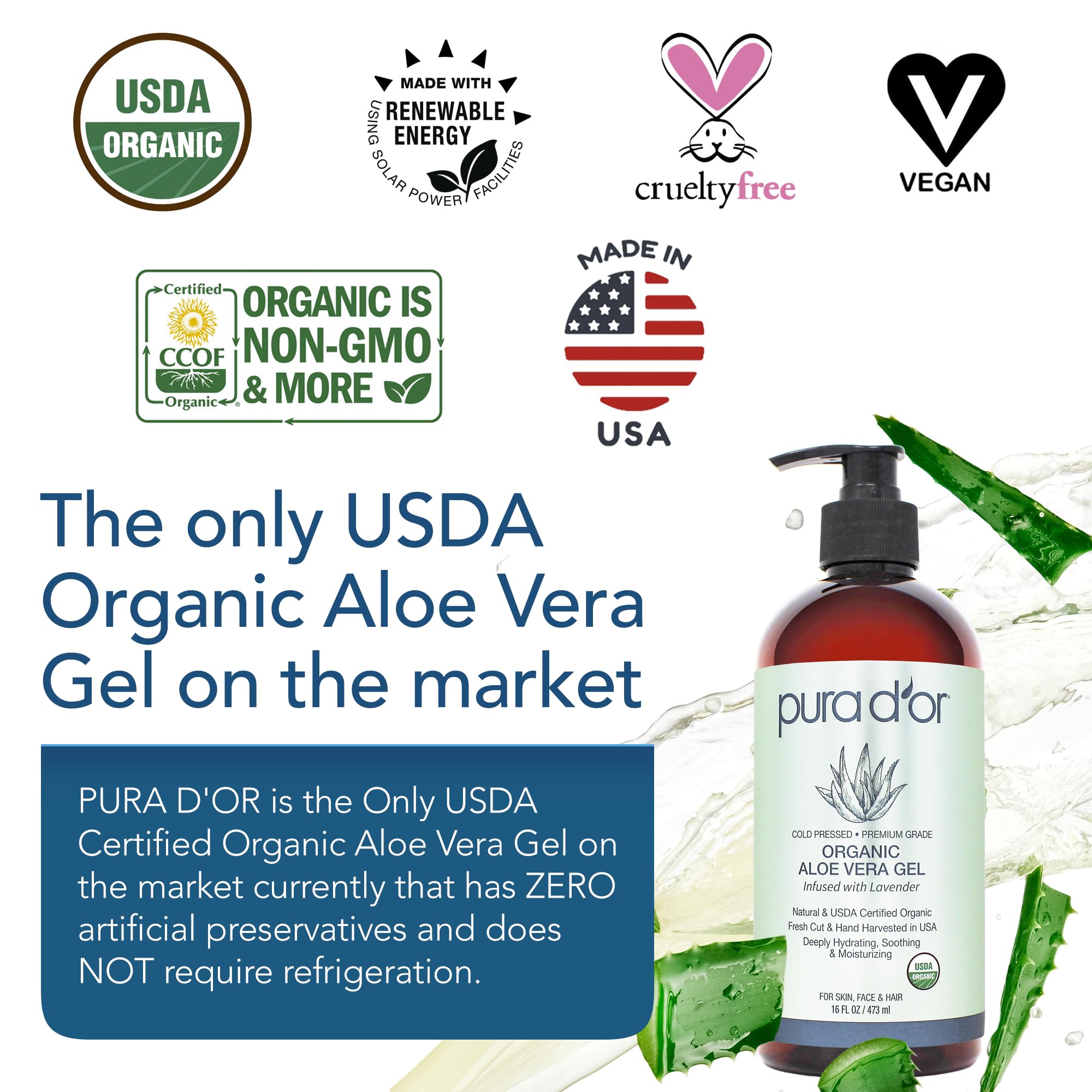PURA D'OR Aloe Vera Gel Lavender label highlights organic, preservative-free formula.