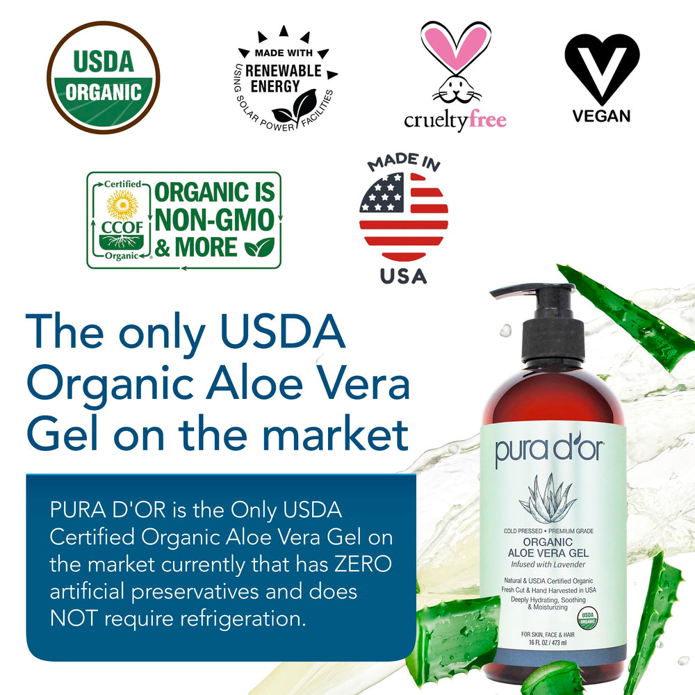 PURA D'OR Aloe Vera Gel Lavender label highlights organic, preservative-free formula.