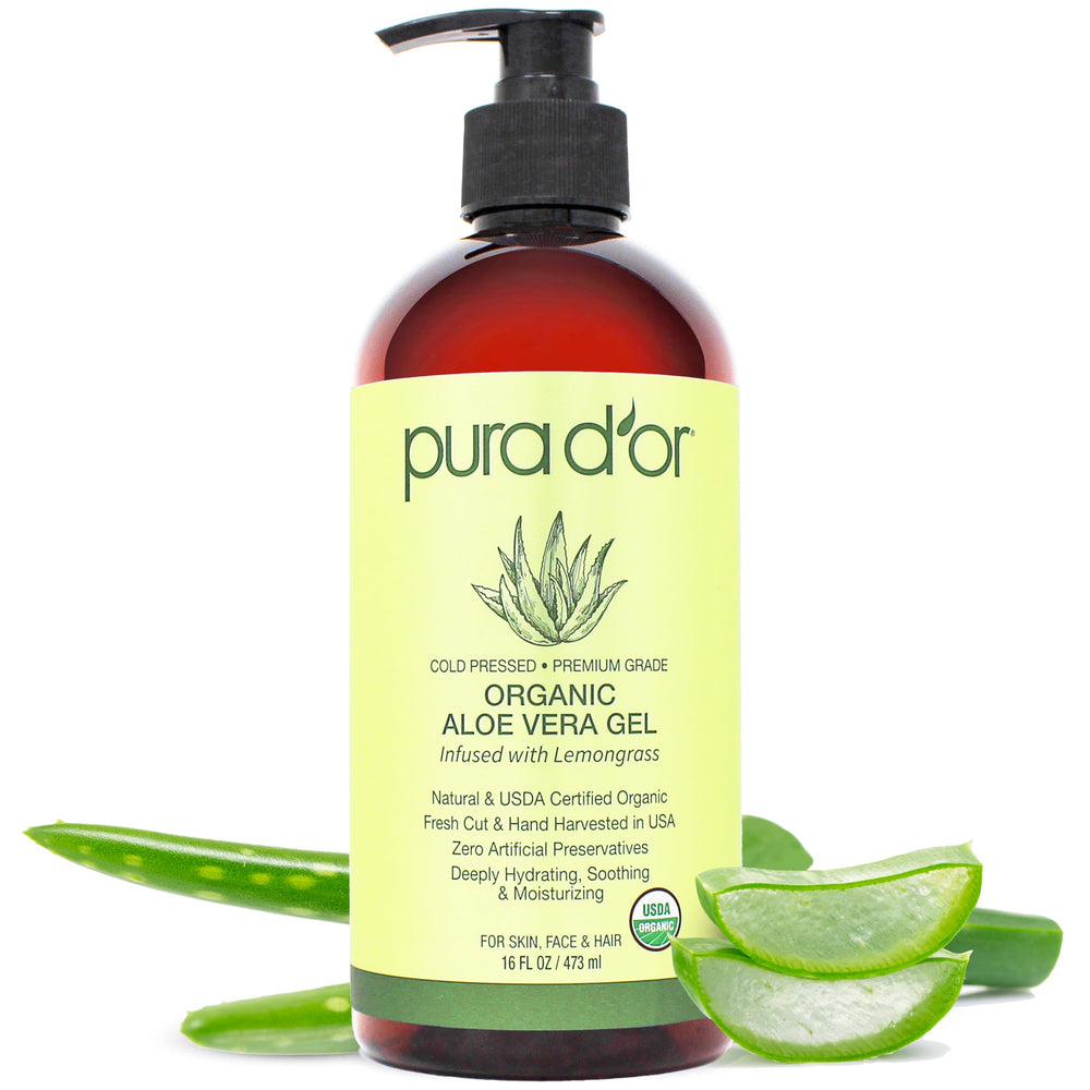 PURA D'OR Aloe Vera Gel bottle with lemongrass for deep hydration (non-greasy)
