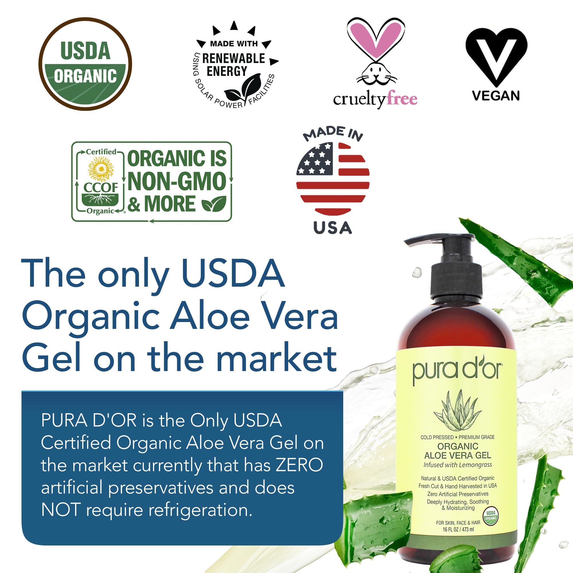 PURA D'OR Aloe Vera Gel label close-up showing USDA Organic status