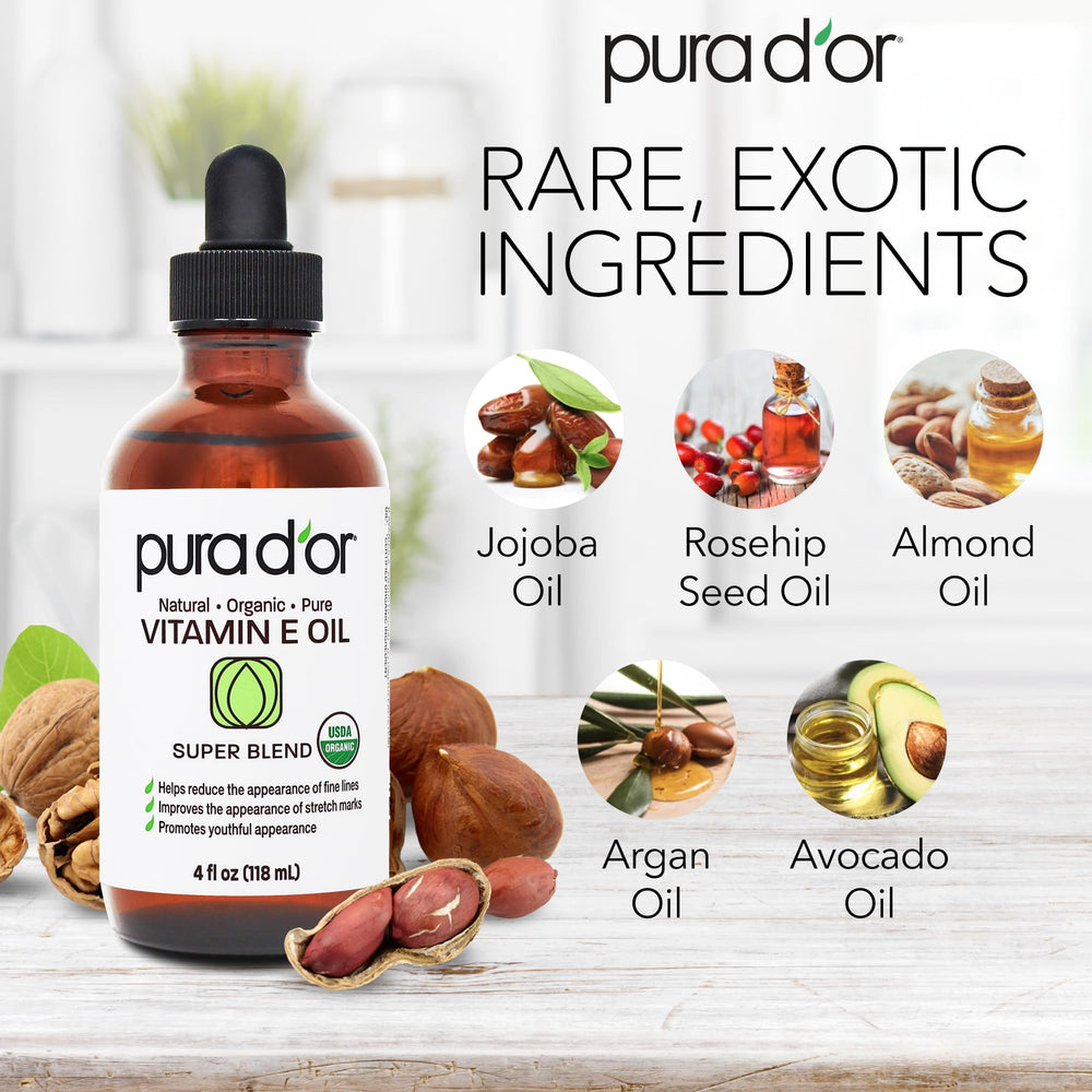 PURA D'OR Vitamin E oil nourishes hair ends for softness and shine.
