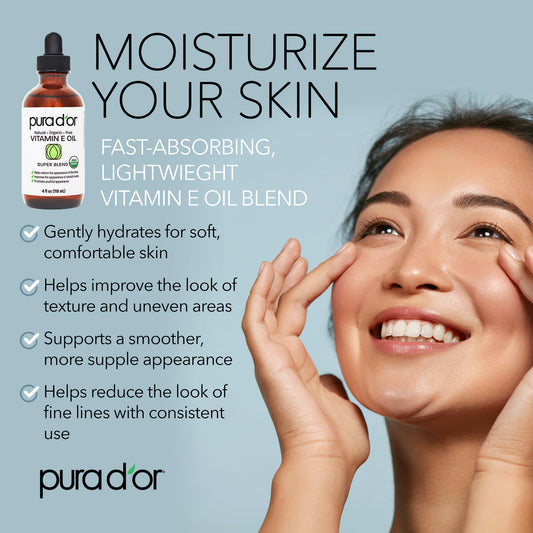 PURA D'OR Vitamin E oil with rosehip used on face for smooth, radiant skin.