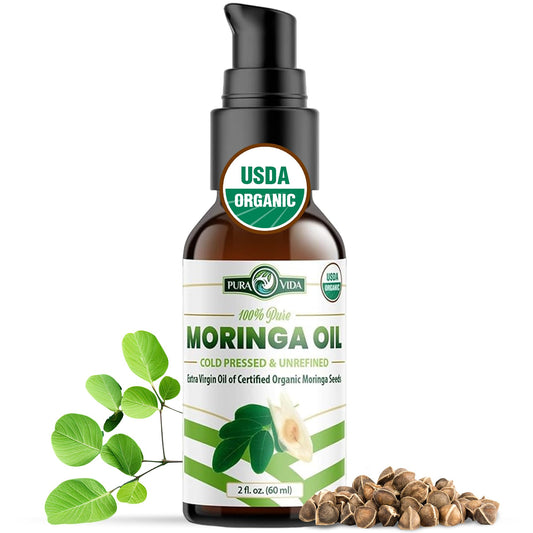 PURA VIDA MORINGA seed oil bottle front shows purity for skin and hair